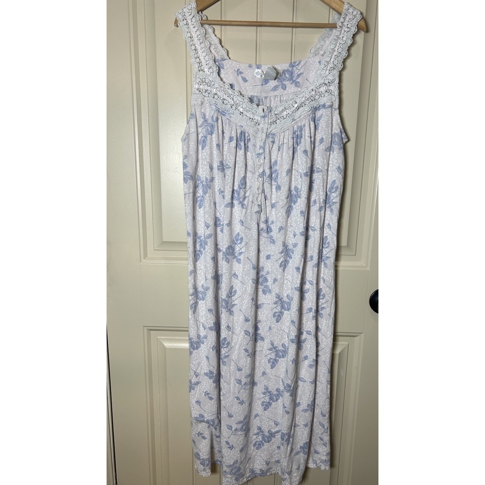 Eileen West Women's Night Gown Sz Large Blue Floral Lace Trim